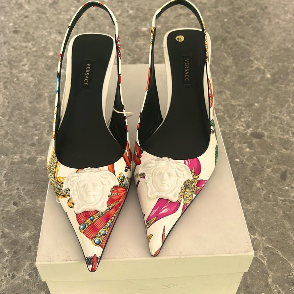 Versace multi colored patent leather slingback heel.